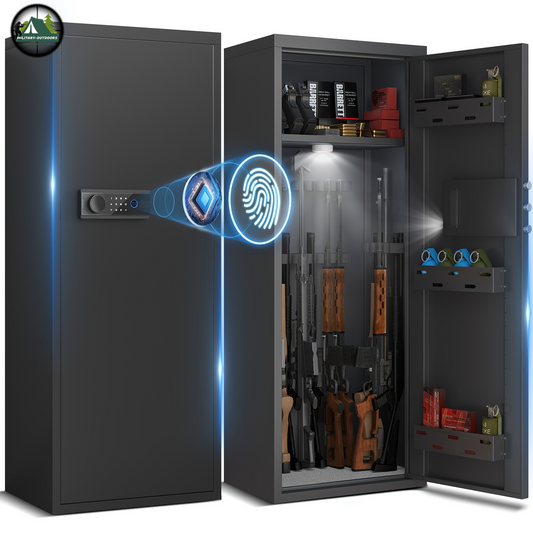 Military-Outdoors.com biometric safe for guns with fingerprint scanner holding rifles and accessories