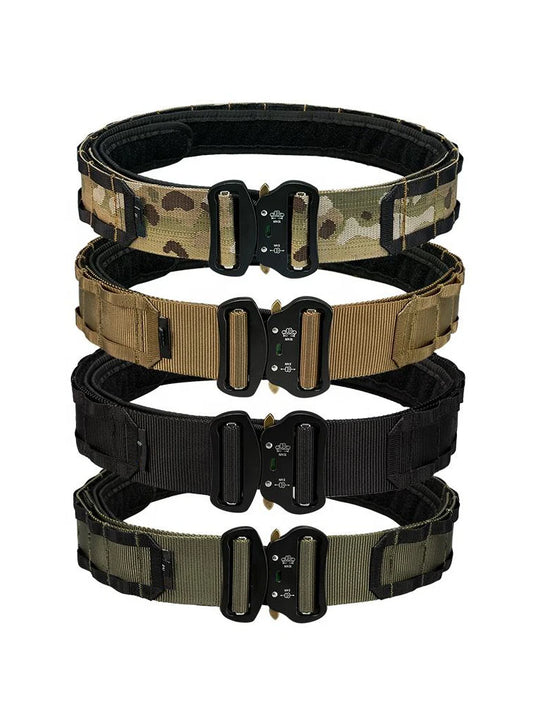 Military double-layer belt available in black, tan, camo, and olive green for tactical versatility
