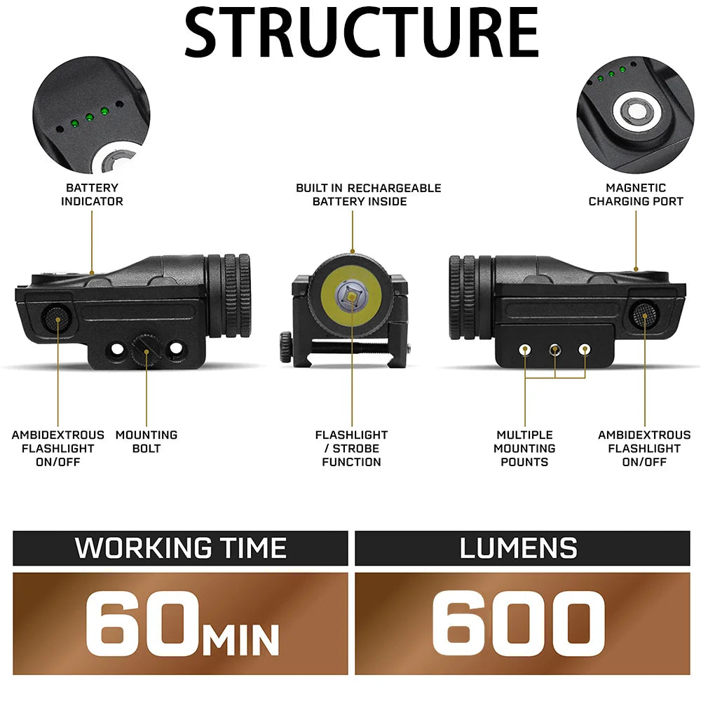 600 Lumens Tactical Flashlight for Pistols Rifles Light