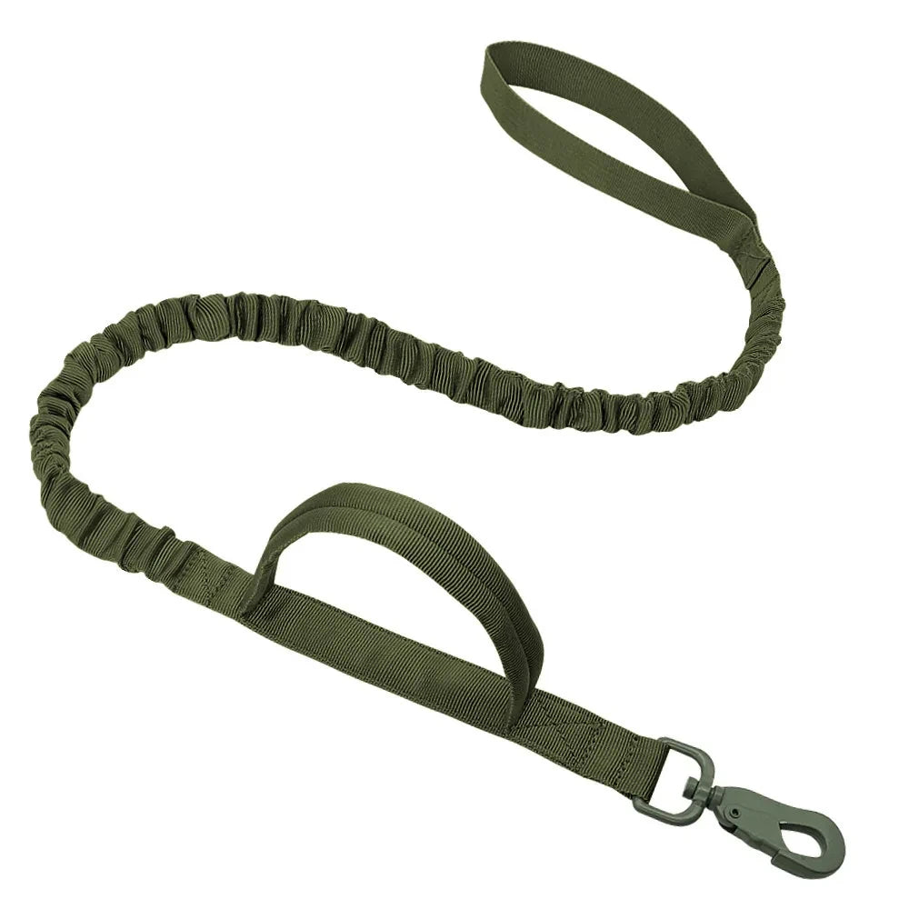 Olive green tactical bungee leash with padded handles and metal clip for adjustable kitten K9 vest use
