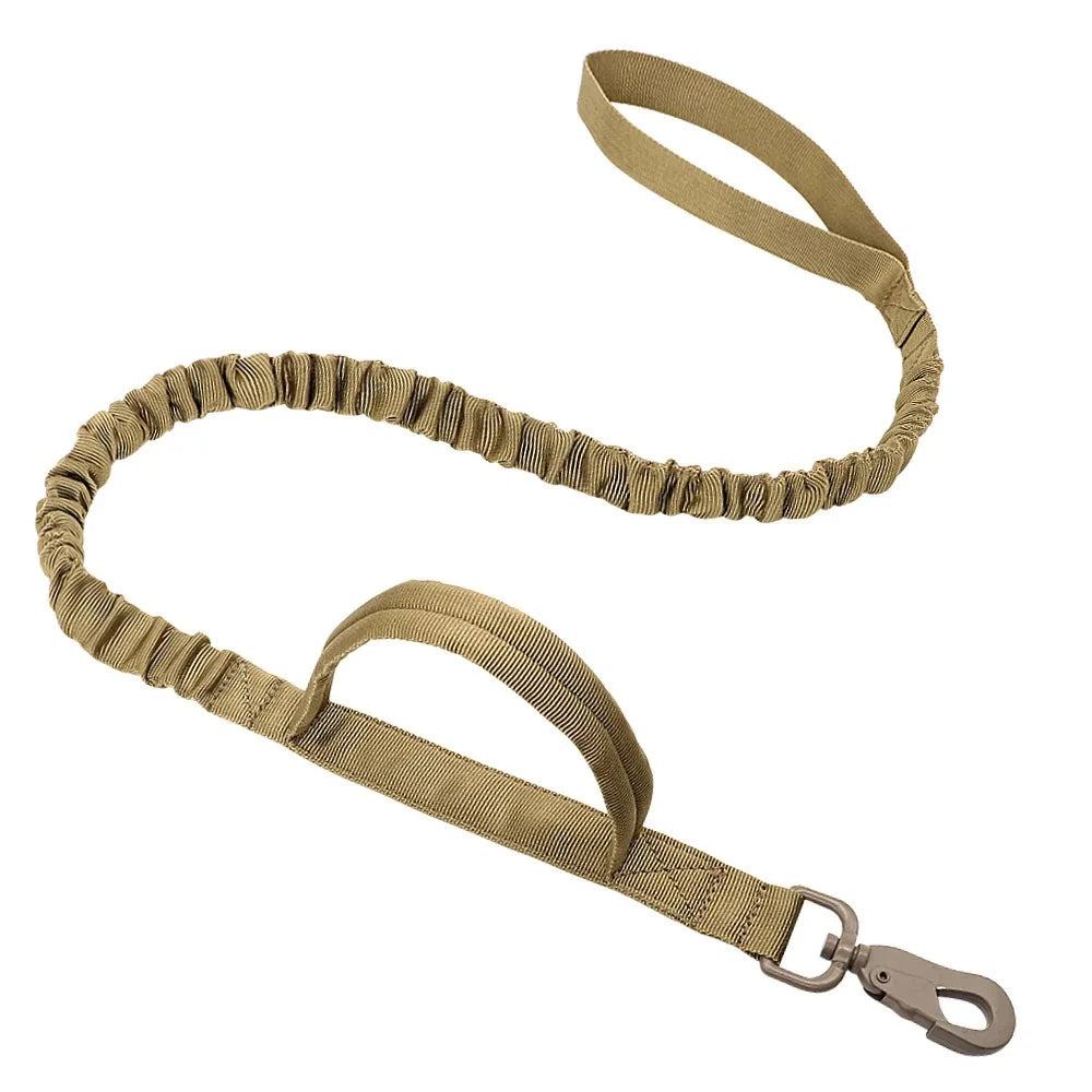 Tan bungee dog leash with padded handle and metal clip compatible with adjustable kitten K9 vest