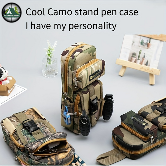 Military camo zippered pencil case with multiple compartments and durable outdoor design for kids
