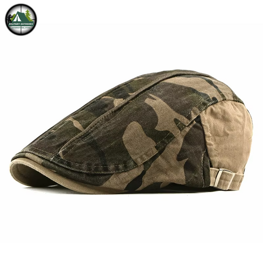 Military Outdoors camouflage cotton flat cap in brown camo pattern with adjustable back strap