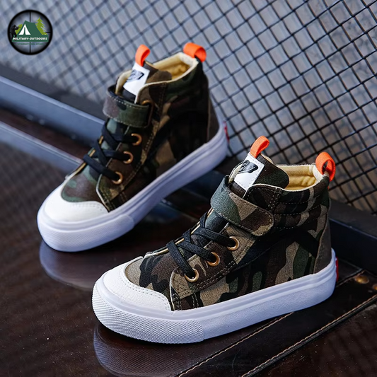 Kids camouflage high top shoes with white rubber sole velcro strap and orange heel pull tab