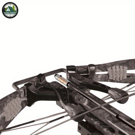 Close-up image of a camo crossbow equipped with a crossbow laser boresighter for precise aiming