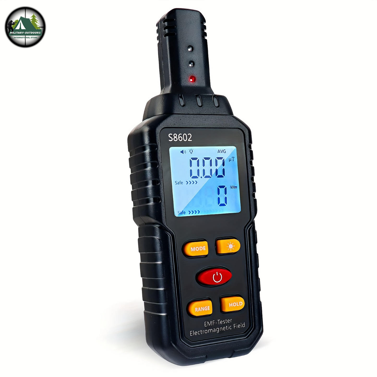 Black EMF meter for home use with digital display and multiple control buttons from Military-Outdoors.com