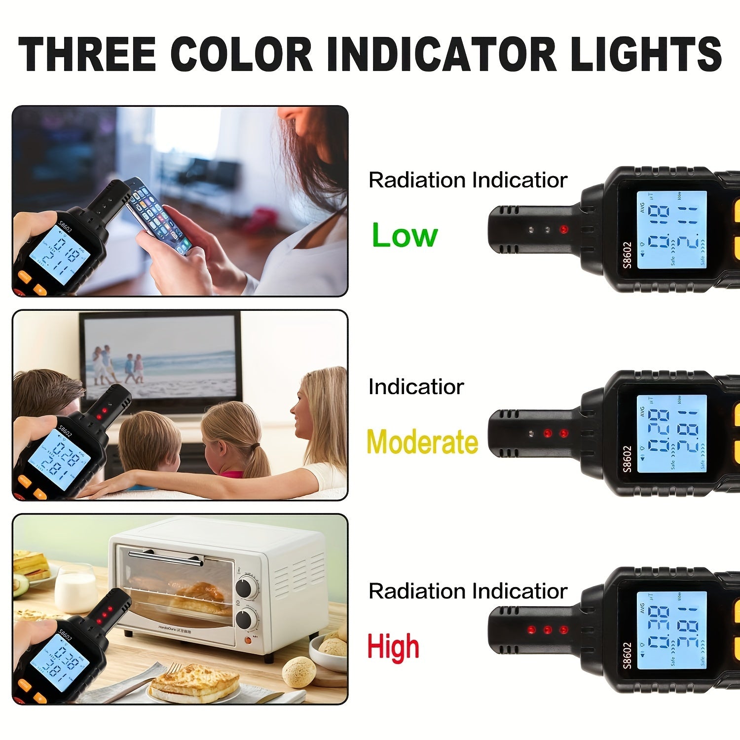 EMF meter for home use with three color indicator lights showing low moderate and high radiation levels