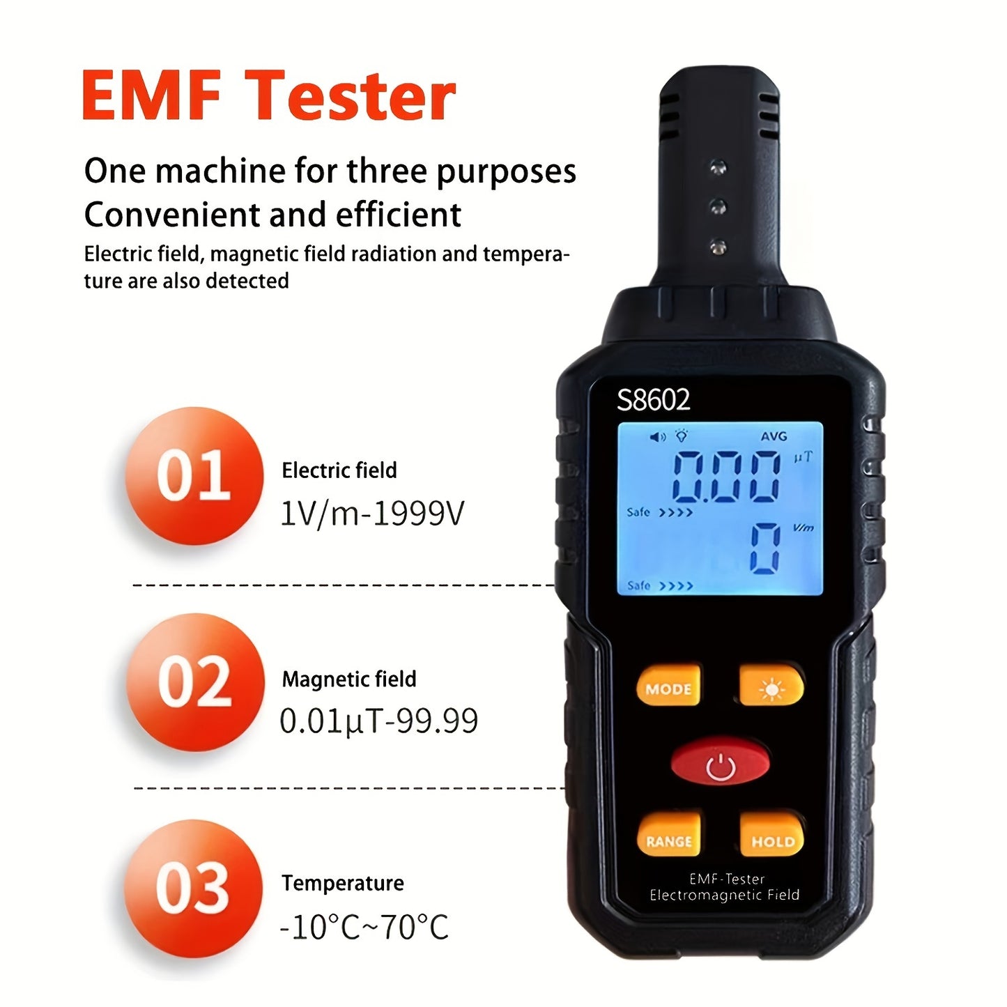 Military-Outdoors.com EMF meter for home use measuring electric field, magnetic field, and temperature