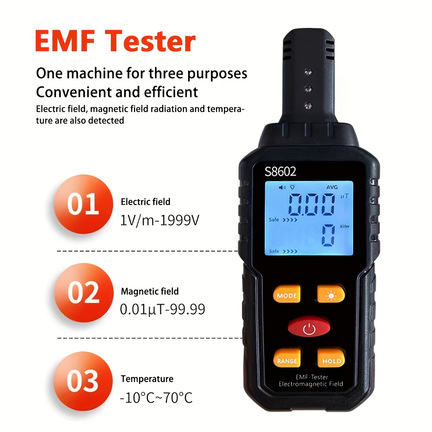 Military-Outdoors.com EMF meter for home use measuring electric field, magnetic field, and temperature