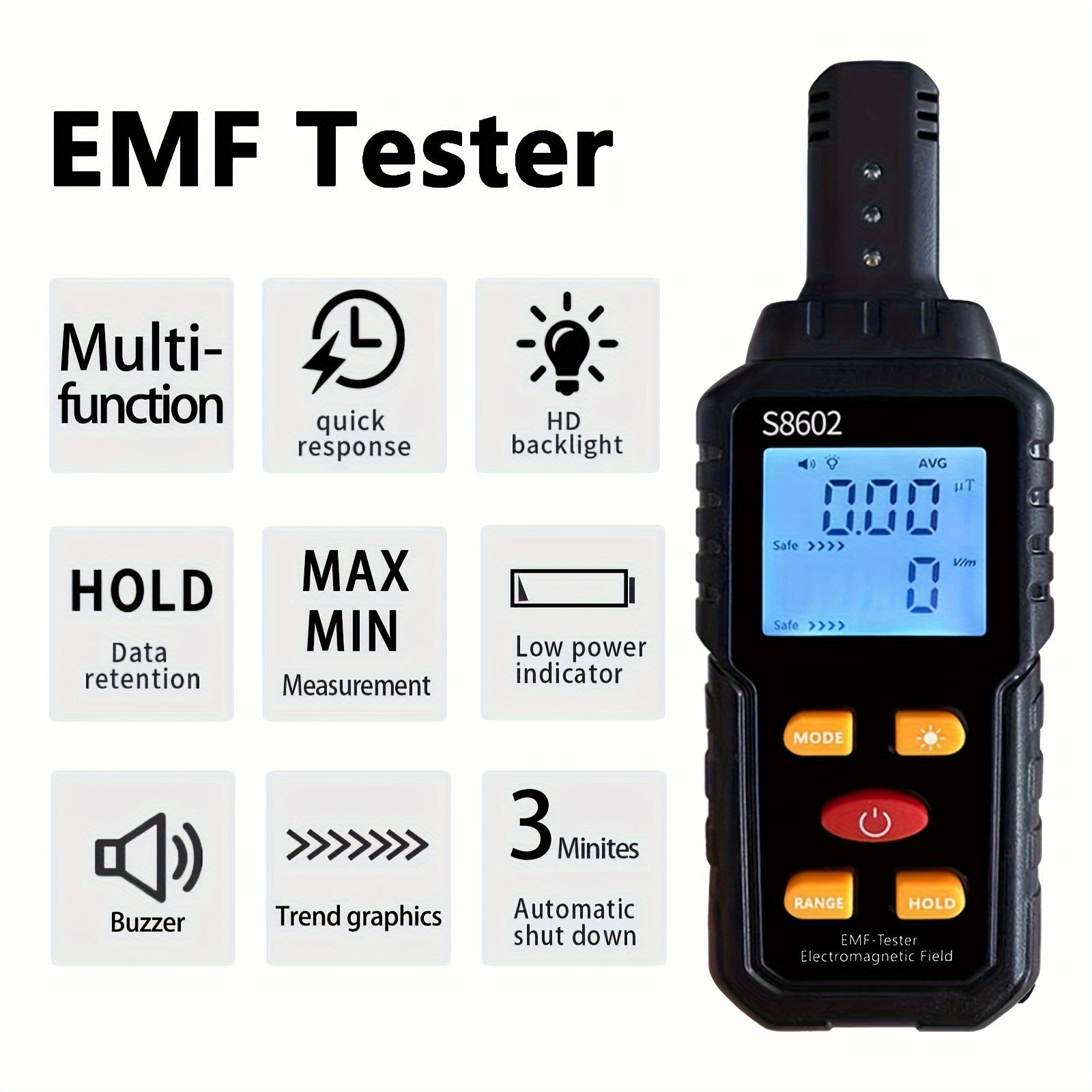 EMF meter for home use black handheld device with digital display and multifunction features