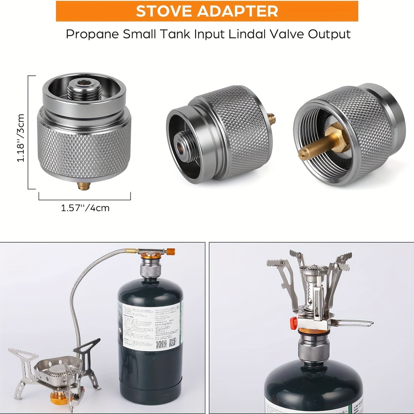 high-power camping stove adapter kit showing propane small tank Lindal valve connector and assembled stove