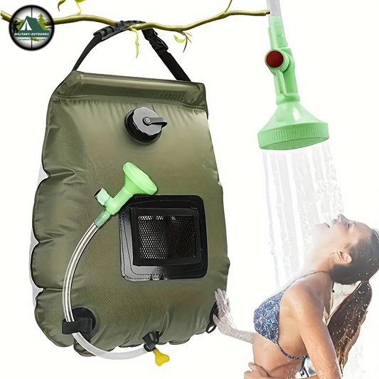 Military Outdoors portable solar shower bag olive green with hose mesh pocket hanging and shower head in use