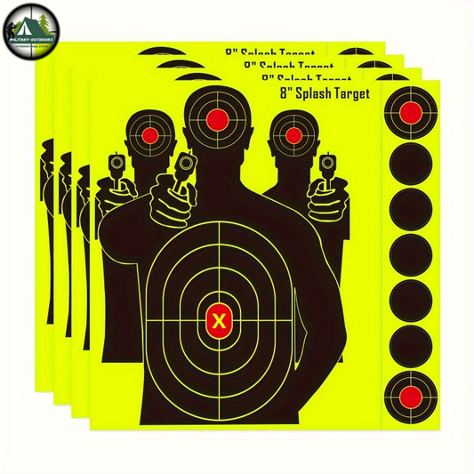Bright yellow silhouette shooting targets with red bullseye for reactive shooting targets by Military-Outdoors.com