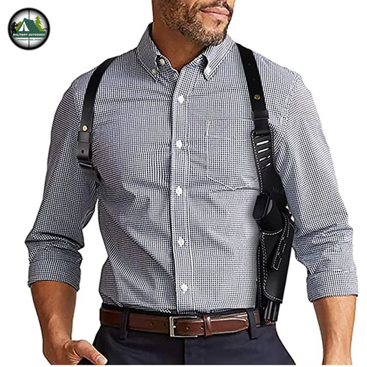 Man wearing a universal shoulder gun holster with adjustable black straps over a checkered shirt