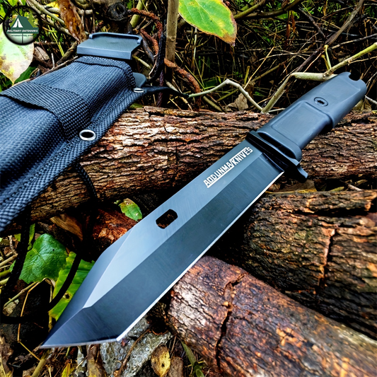 Military Outdoors tactical black blade on logs with sheath wilderness survival multi-purpose knife