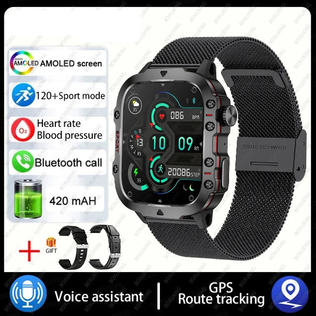Military smart watch with AMOLED screen heart rate monitor Bluetooth call and GPS tracking