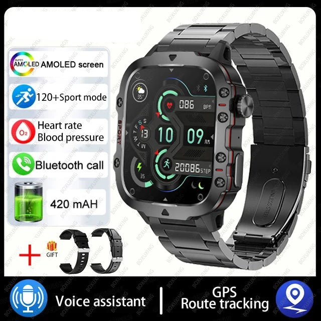 Military smart watch with AMOLED screen, heart rate monitor, blood pressure, Bluetooth call, and GPS tracking