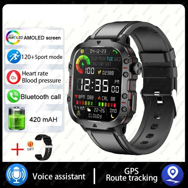 Military smart watch with AMOLED screen heart rate monitor Bluetooth call and GPS
