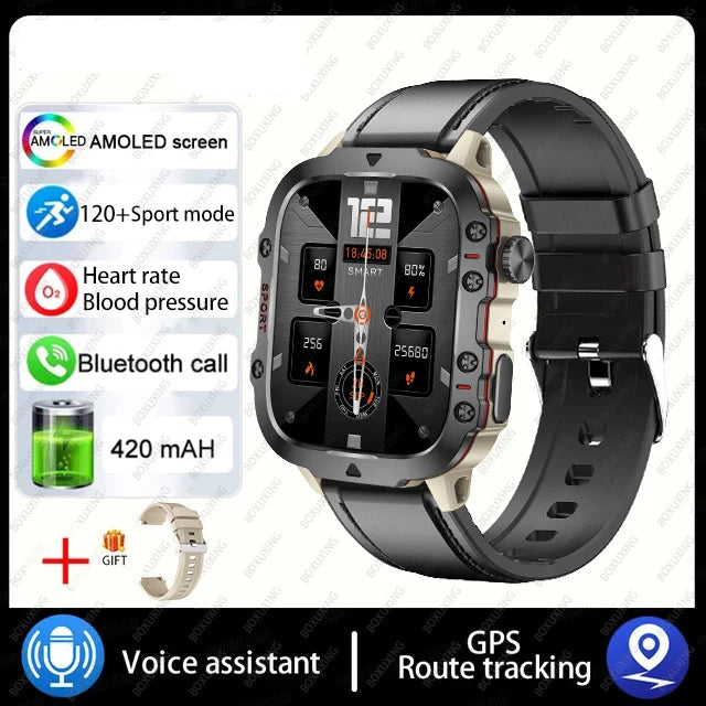 Military smart watch with AMOLED screen, heart rate monitor, Bluetooth call, and GPS tracking