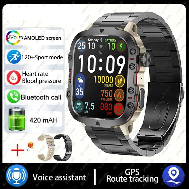 Military smart watch with AMOLED screen, heart rate monitor, Bluetooth call, GPS, and route tracking