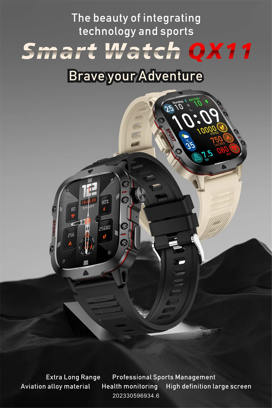 Military smart watch QX11 available in black and beige with health monitoring and professional sports features