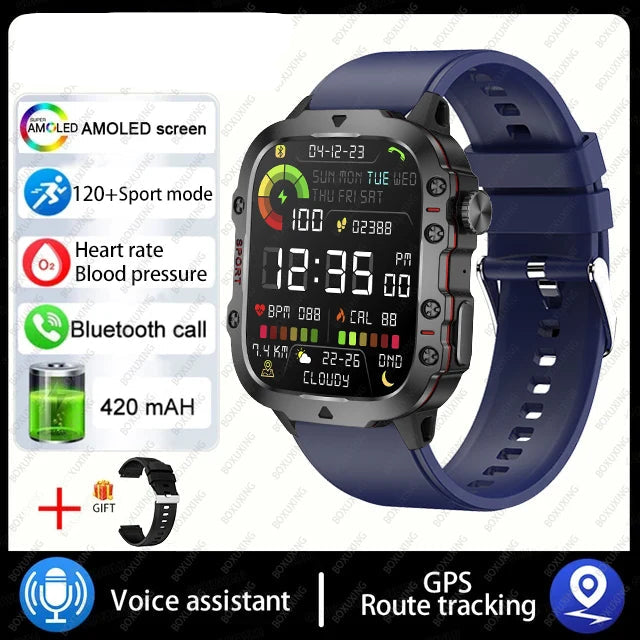Military smart watch with screen, heart rate monitor, Bluetooth call, and GPS route tracking