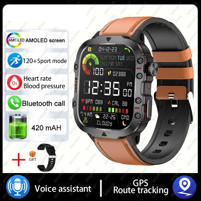 Military smart watch with AMOLED screen, heart rate monitor, blood pressure, Bluetooth call, and GPS route tracking