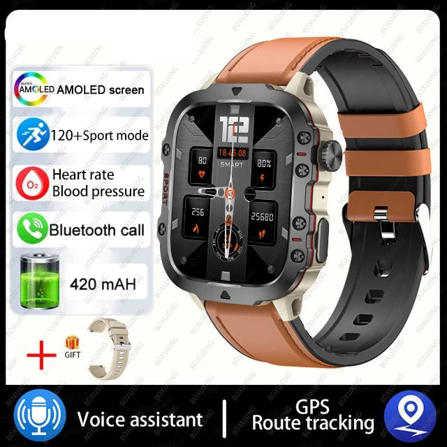Military smart watch with AMOLED screen, heart rate monitor, Bluetooth call, and GPS route tracking