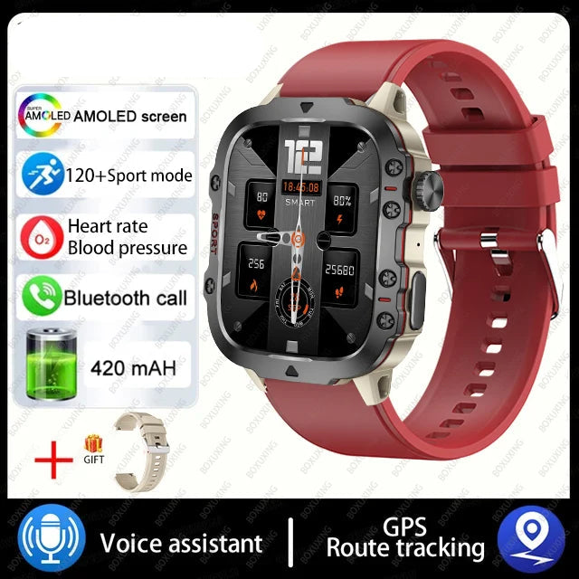 Military smart watch with AMOLED screen red strap heart rate GPS voice assistant features