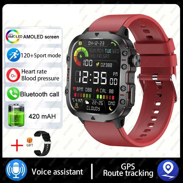 Military smart watch with AMOLED screen red band heart rate Bluetooth GPS tracking