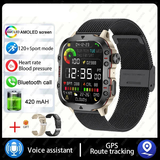 Military smart watch with AMOLED screen, heart rate and blood pressure monitor, Bluetooth call, and GPS tracking