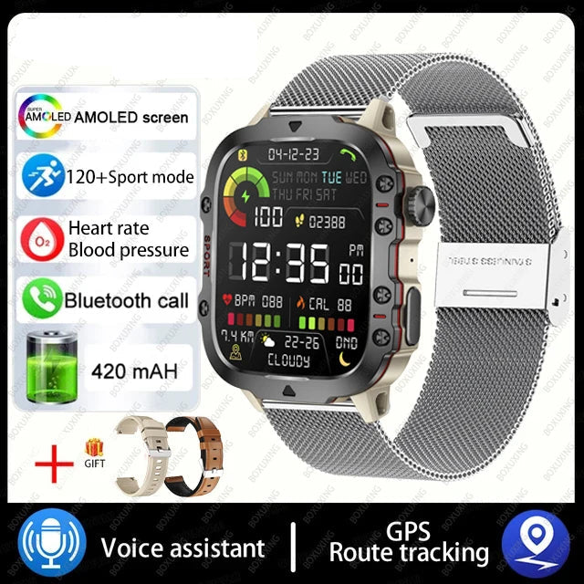 Military smart watch with AMOLED screen heart rate blood pressure Bluetooth call GPS and voice assistant