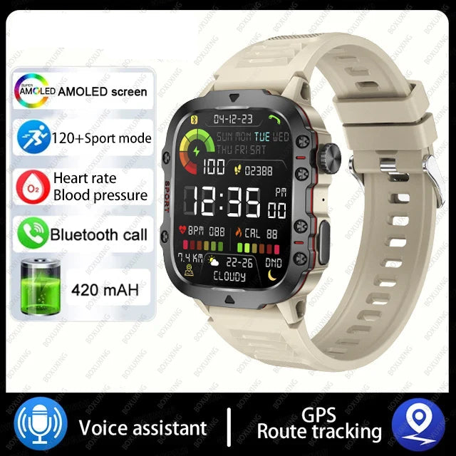 Military smart watch with AMOLED screen, heart rate and blood pressure monitoring, Bluetooth call, and GPS route tracking