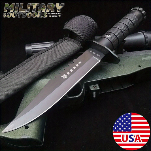 US Army survival knife with black handle and partially serrated blade by Military-Outdoors.com