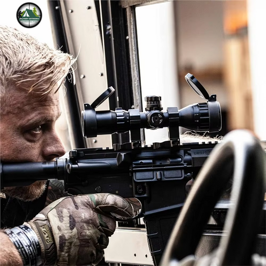 Military sniper aiming an AR platform through a vehicle window with a 3-9x32 rifle scope mounted