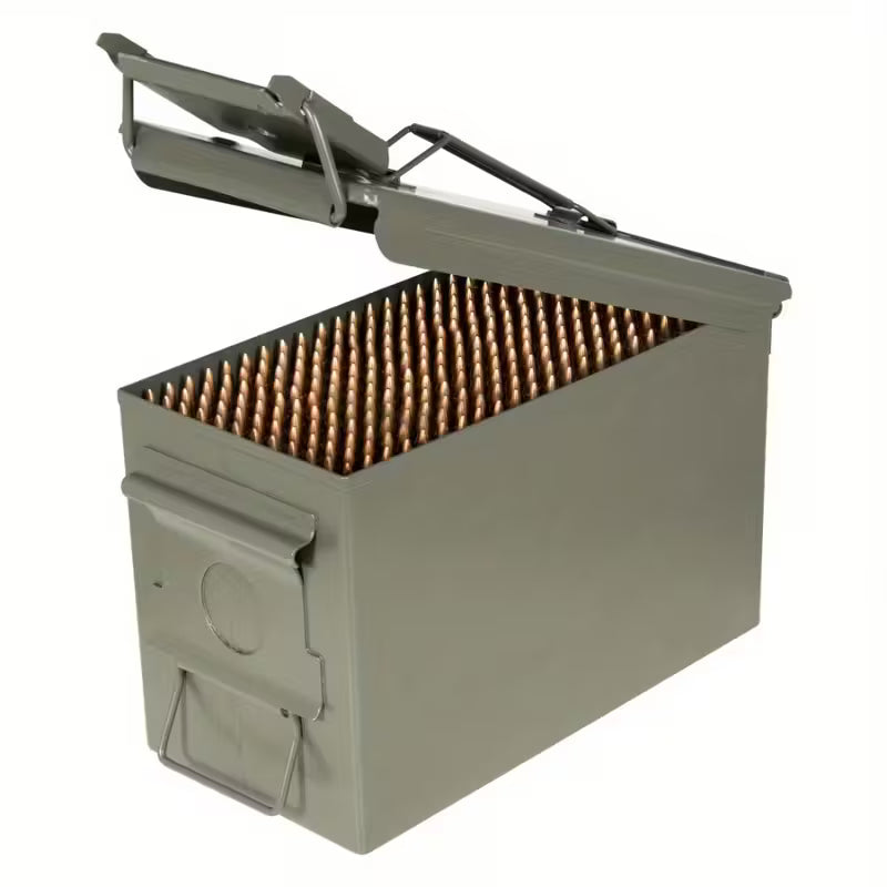 Military green metal storage box with lock filled with rifle cartridges and hinged lid open