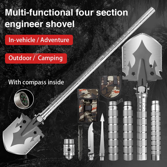 folding military shovel multi tool set with four section handles compass detachable blade and carrying pouches