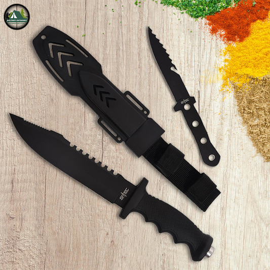 Black tactical military outdoor knife set with serrated survival knife small throwing knife and sheath