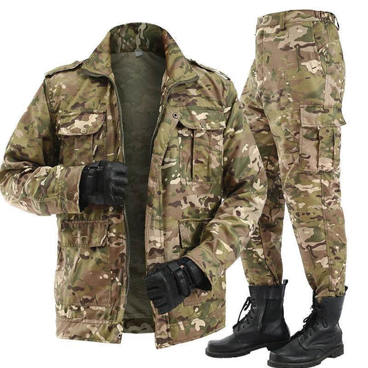 soft outdoor camo suit jacket and cargo pants set with tactical gloves and black combat boots