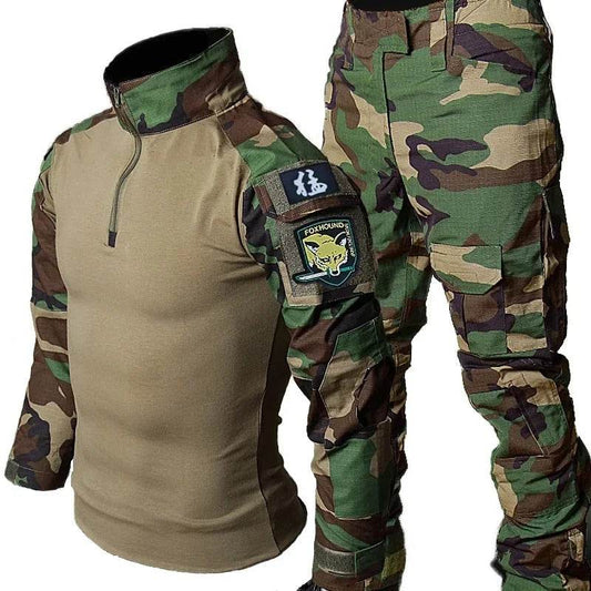 Camouflage two piece combat uniform with tan torso and camo sleeves tactical suit with protective pads