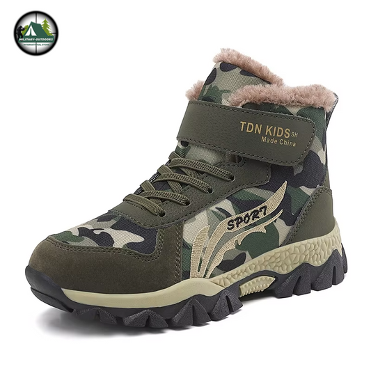 Military Outdoors warm camouflage sneakers for kids high top with faux fur lining and rugged sole