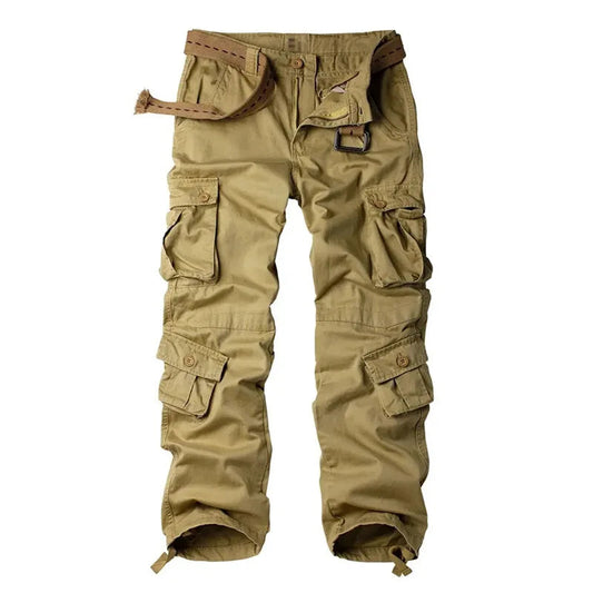 Khaki cargo pants with multiple pockets belt and ankle cinch designed as all-season outdoor pants