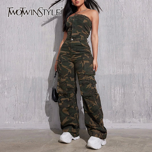 Military-Outdoors Camouflage Sleeveless Jumpsuit Overal