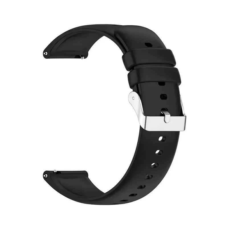 Black watch strap with silver buckle on a white background