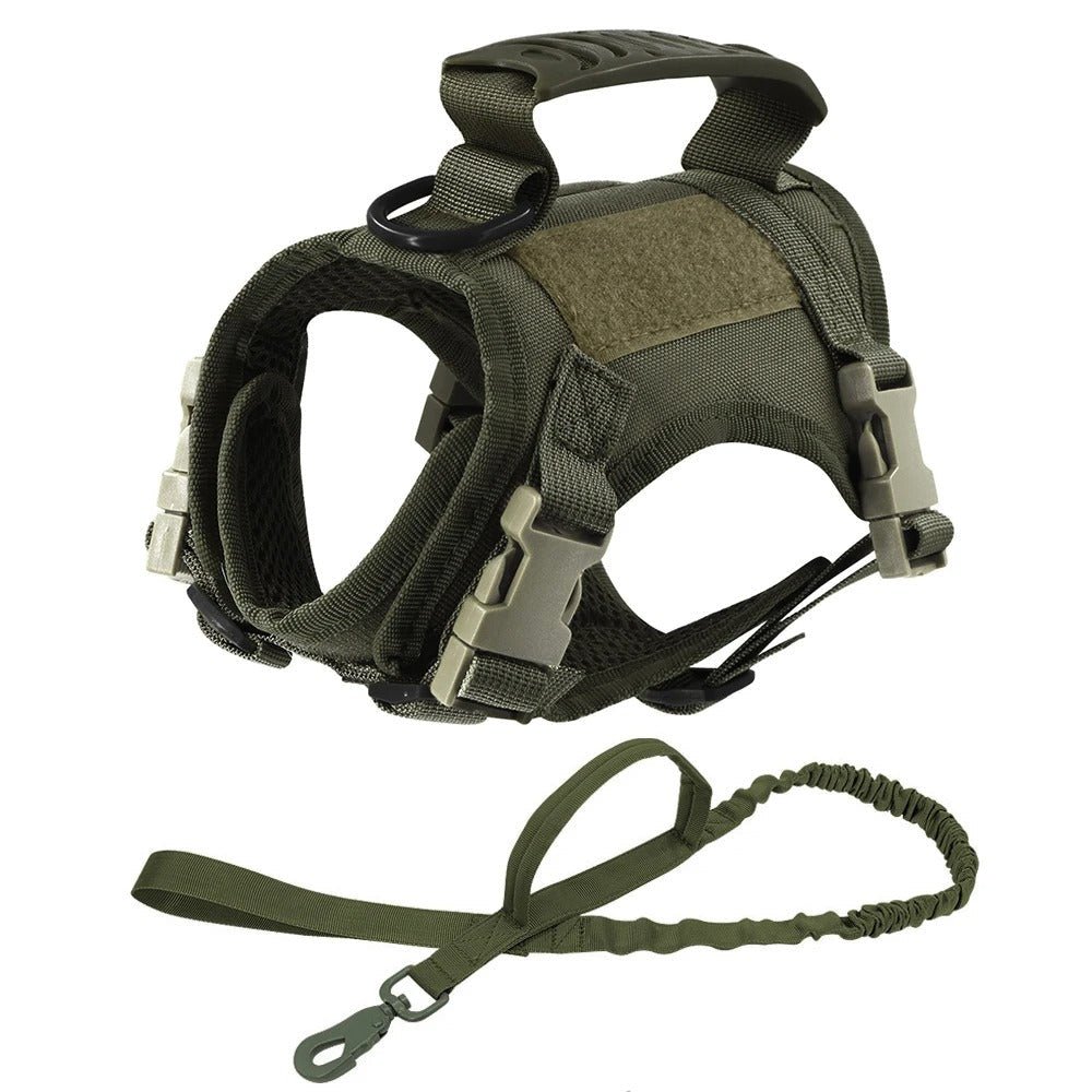 Military Outdoors adjustable kitten K9 vest olive green tactical padded harness with handle and leash