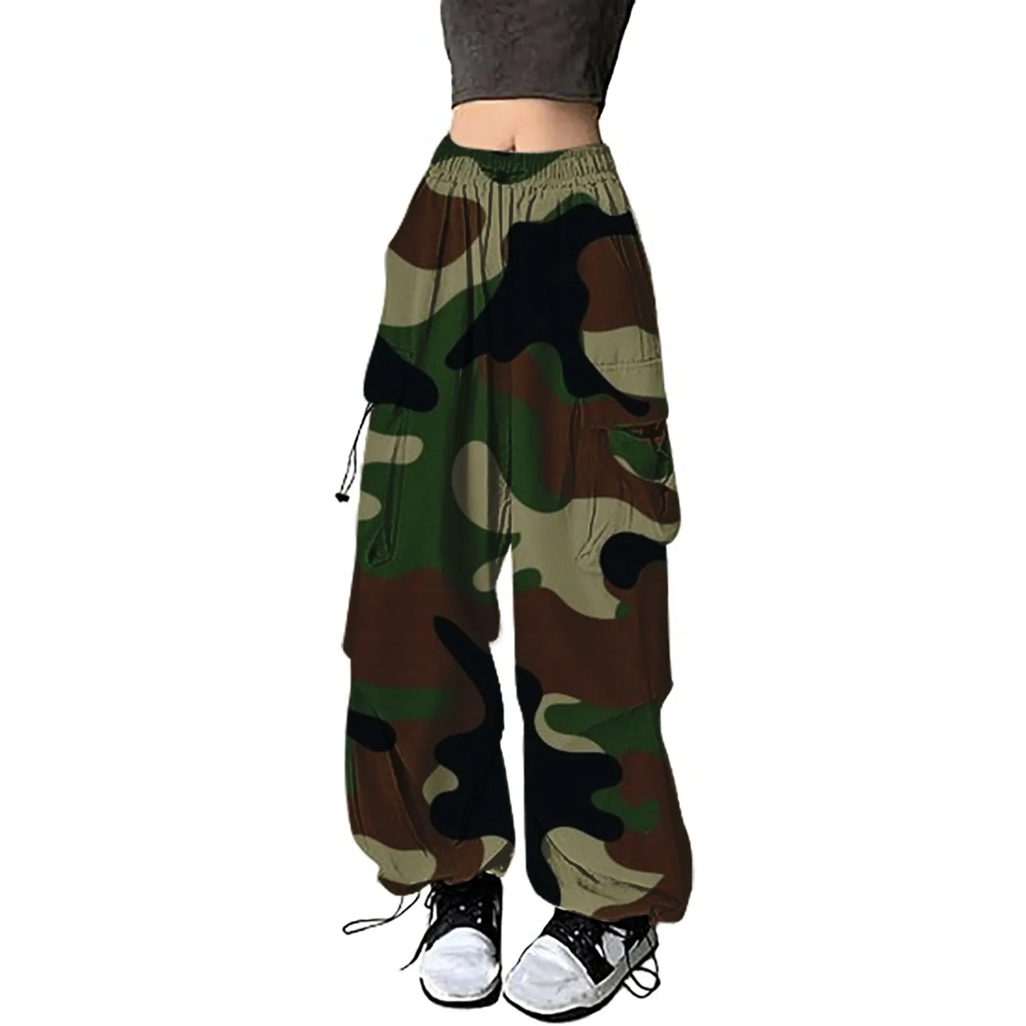 Women wearing vintage camouflage cargo pants with elastic waistband and drawstring ankles
