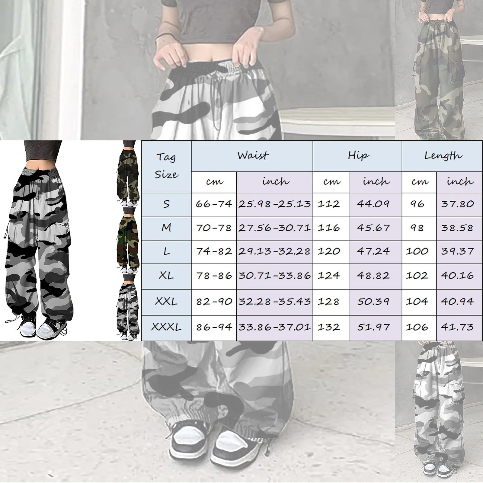 Vintage camouflage cargo pants for women with adjustable waist and multiple pockets